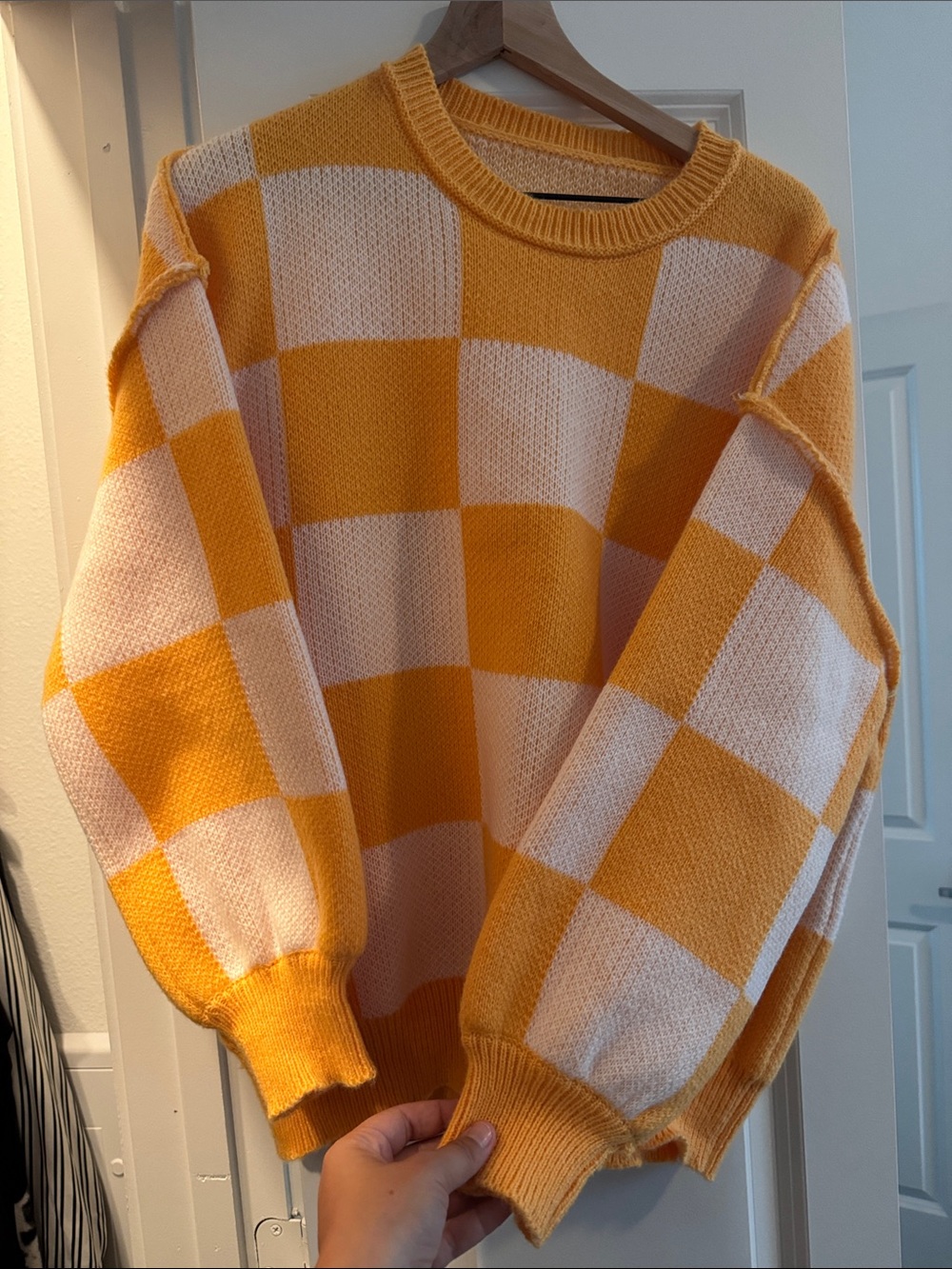 Checkerboard Knit Sweater - Yellow and White